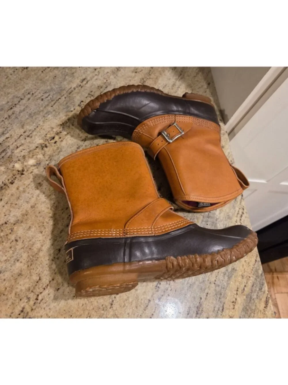 LL Bean Lounger Boots Mens 8 Brown Leather Rubber Duck Boots Buckle Strap Gortex